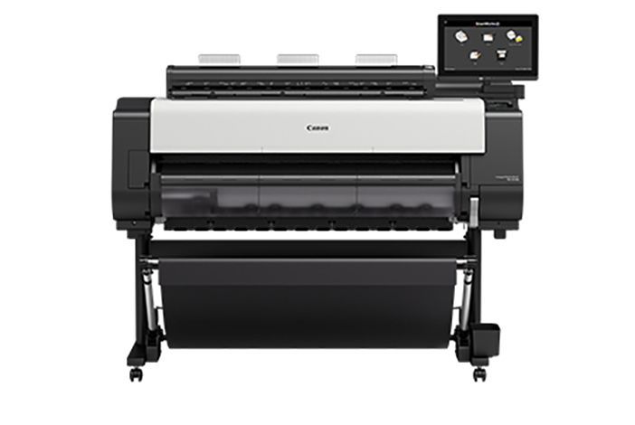 Canon large-format printer, black and white, with touch screen control panel, mounted on a stand, white paper roll.