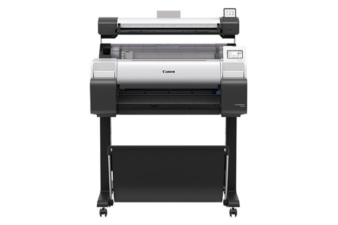 Canon large-format printer on a stand; white and black design, rolls of paper visible.