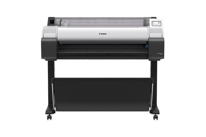 Large format Canon printer on a stand, white and black.