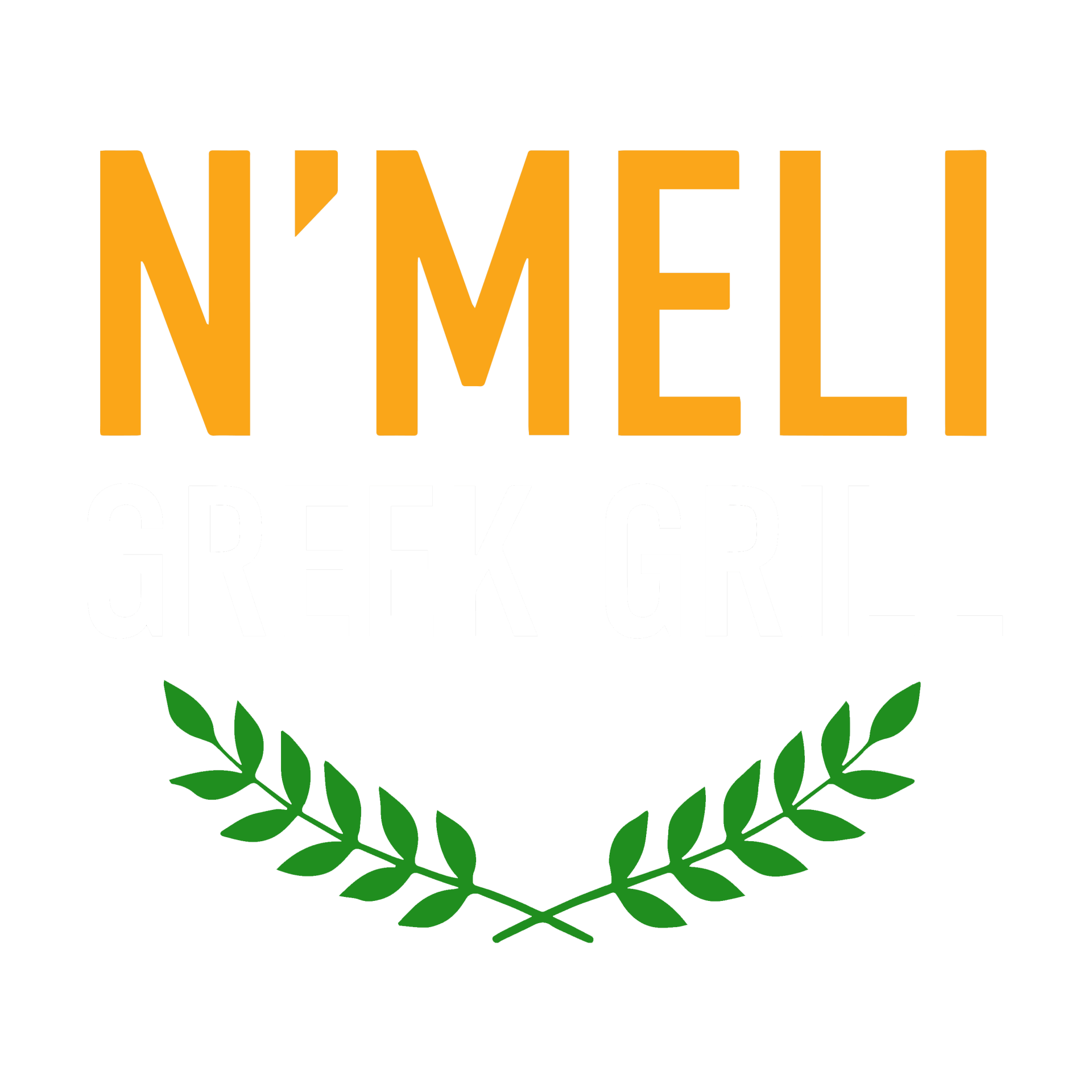 A logo for a company called n ' meli with a laurel wreath on a white background.