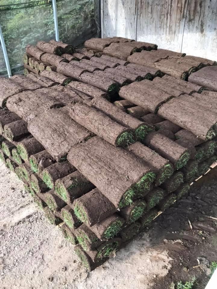 A pile of rolls of turf sitting on top of each other.