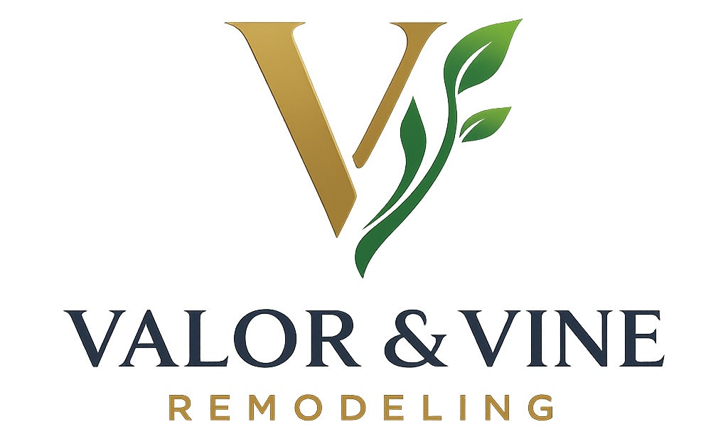 The Valor & Vine Remodeling logo featuring a gold letter V paired with a green vine, with the company name in black text.