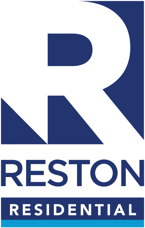 A blue and white logo for reston residential