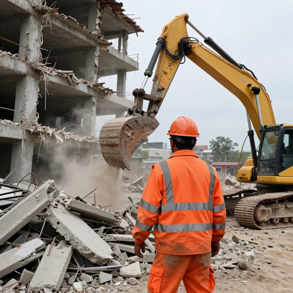 Worker in orange safety gear watches excavator demolishing a concrete building amid rubble and dust.