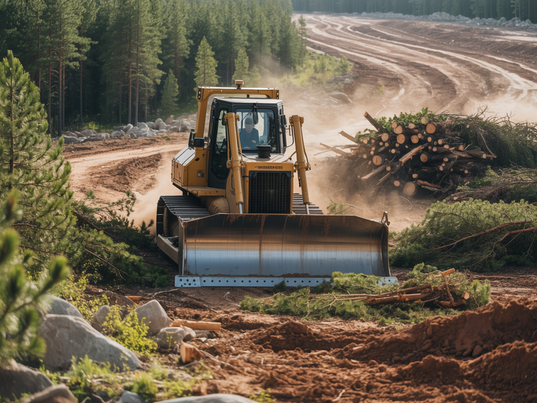 Bulldozer clearing a dirt road in a forest, with logs piled on the right and dust in the air.