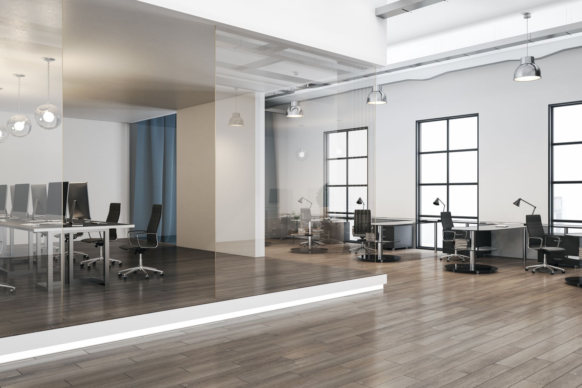 Stylish business interior with coworking space and glass meeting room. Stylish business interior with coworking space and glass meeting room.