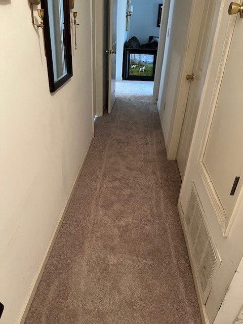 Narrow hallway with beige carpet, white walls, and closed doors.