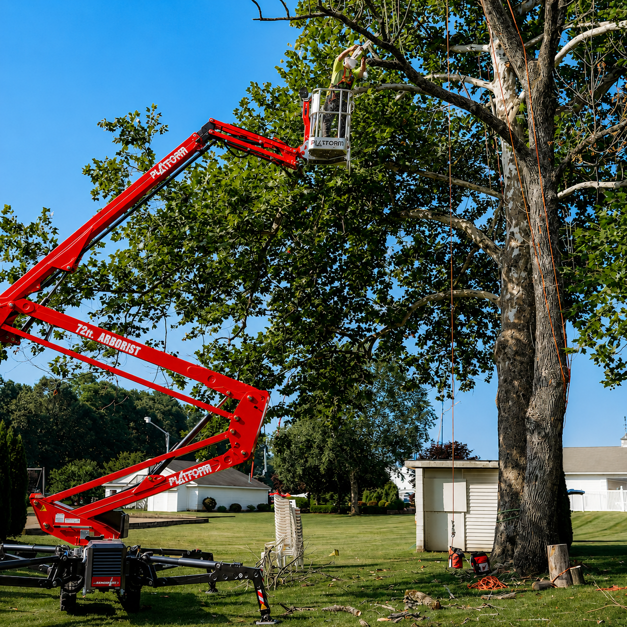 Red cherry picker boom raised beside a large tree in a grassy yard, with a small white shed nearby.