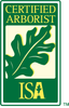 Certified Arborist ISA logo with green leaf in a bordered green and gold design
