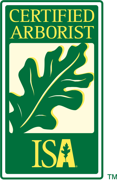 Certified Arborist ISA logo with green leaf in a bordered green and gold design