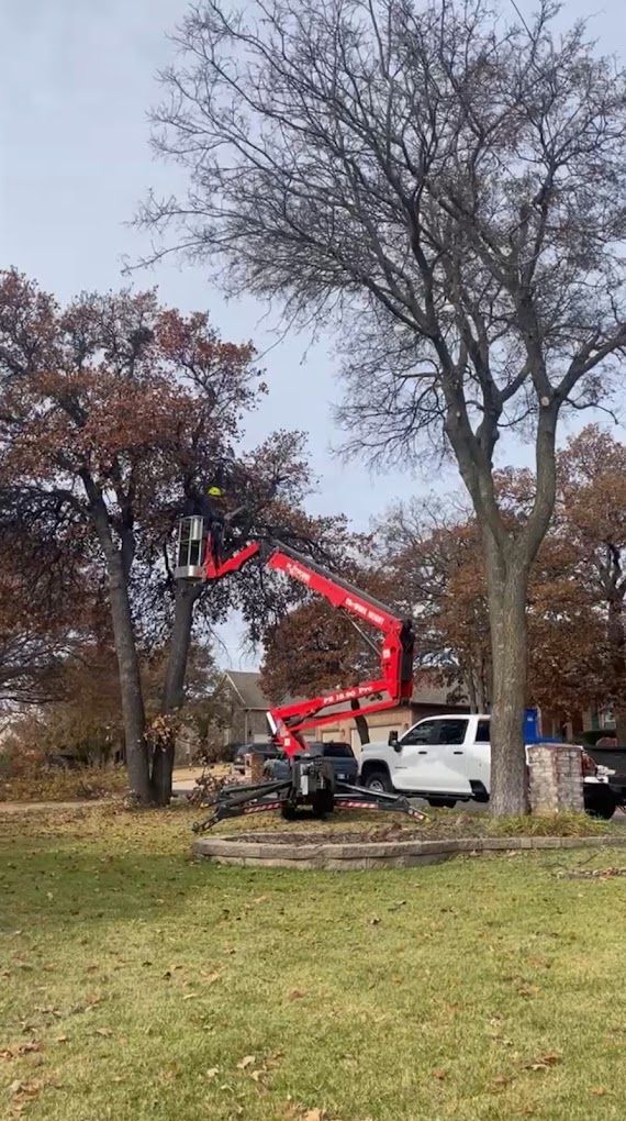 Red boom lift beside a white truck in a grassy yard with tall trees and fallen leaves.