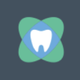 White tooth icon on a blue and green dental logo against a dark gray background