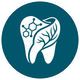 White tooth icon on a blue and green dental logo against a dark gray background