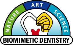 Biomimetic dentistry logo with tooth and lightbulb, surrounded by Nature, Art, and Science text
