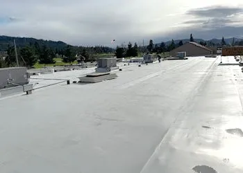 The roof of a building with a white roof and trees in the background.