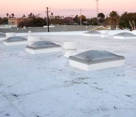 A white roof with a lot of skylights on it.