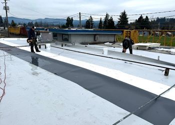 Two men are working on a white and black roof.