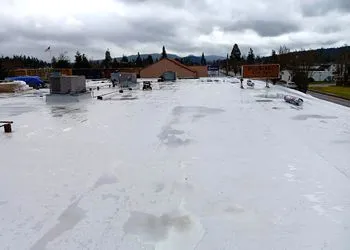 The roof of a building is covered in snow on a cloudy day.