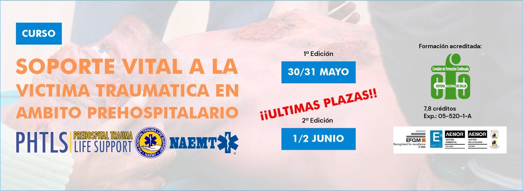 Folleto de un curso de atención prehospitalaria de traumatología. Fechas: 30 y 31 de mayo y 1 y 2 de junio. Se puede ver el texto 