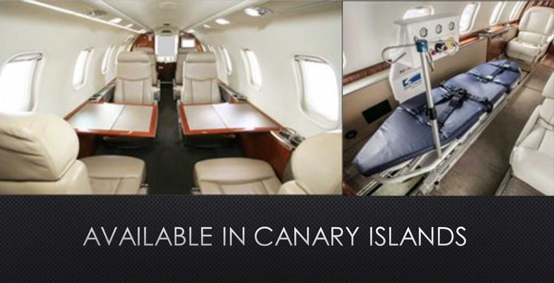 Interior de un jet privado convertible en ambulancia aérea. Asientos y camilla. Disponible en Canarias.