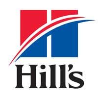 Logotipo de comida para mascotas Hill's: cuadrados rojos y azules con un símbolo blanco y rojo sobre la palabra 