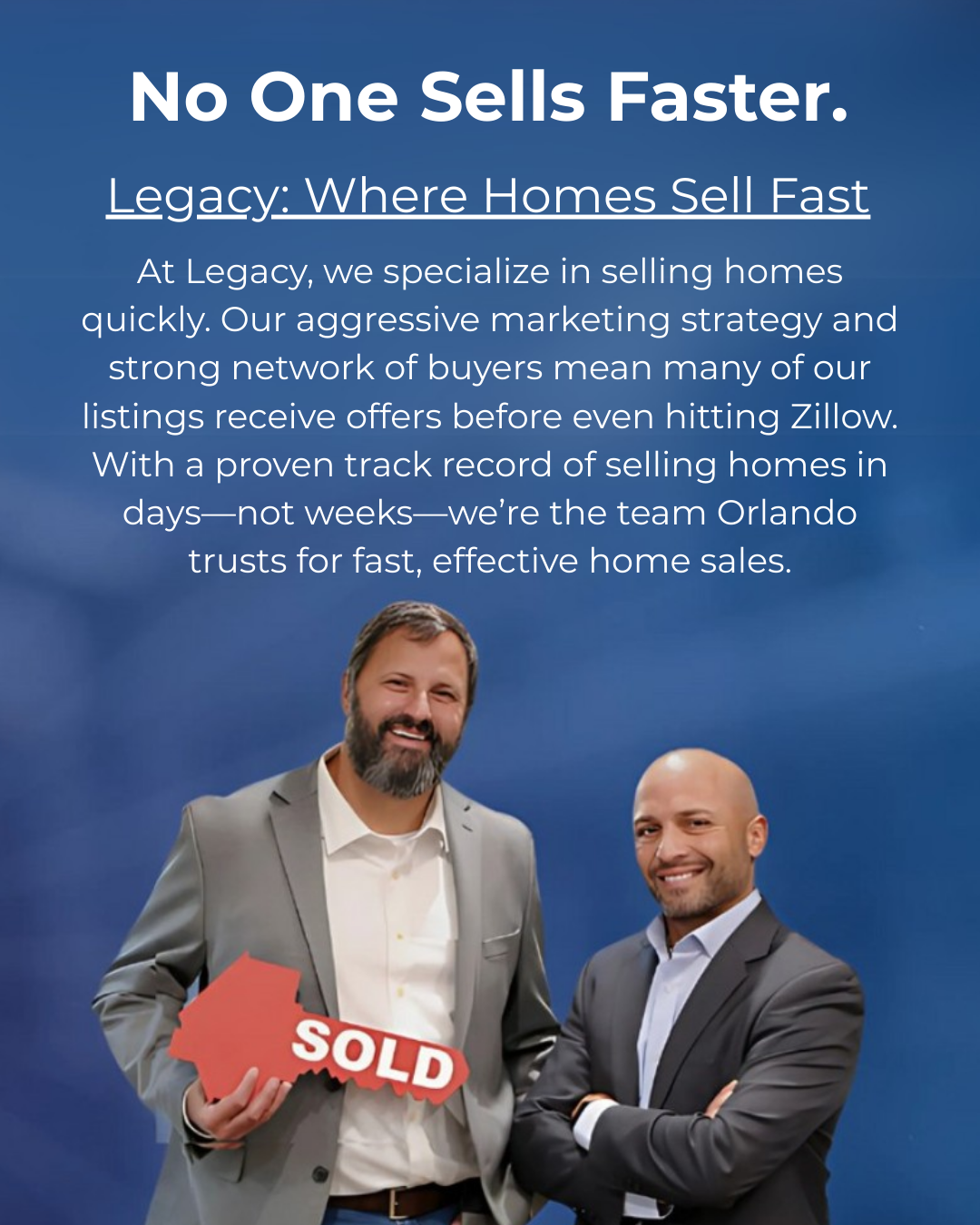 Two men are standing next to each other holding a sold sign.