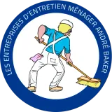 Blue circle logo with a cartoon figure sweeping. Text reads 