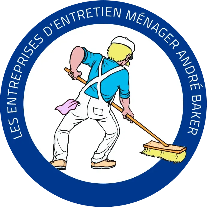 Blue circle logo with a cartoon figure sweeping. Text reads 