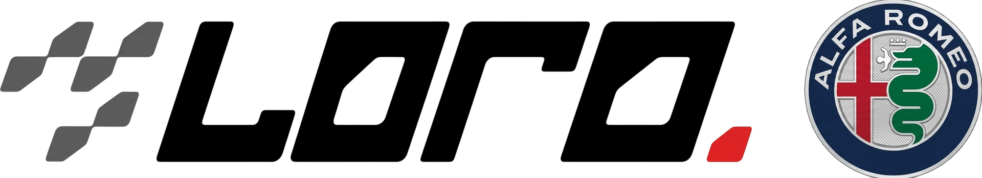 Logo Loro in nero, rosso e grigio accanto all'emblema Alfa Romeo su sfondo bianco.