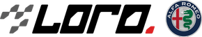 Logo Loro in nero, rosso e grigio accanto all'emblema Alfa Romeo su sfondo bianco.