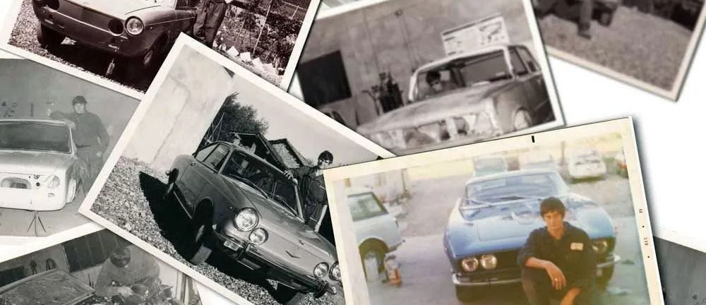 Collage di foto di auto d'epoca, tra cui istantanee in bianco e nero e un'auto blu con una persona seduta davanti.