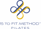 15 To Fit Method Pilates logo in blue and gold on white background