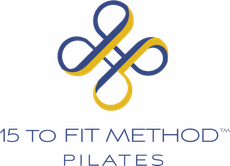 15 To Fit Method Pilates logo in blue and gold on white background