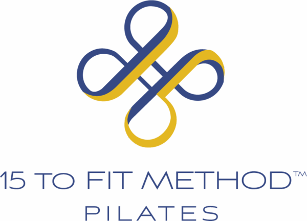 “15 to Fit Method Pilates” logo with blue and gold intertwined lines on a white background