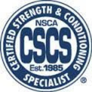 NSCA Certified Strength & Conditioning Specialist logo in blue and white, with C S C S and Est. 1985