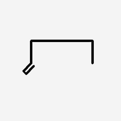 Black line drawing of a gutter system with a downspout at an angle.