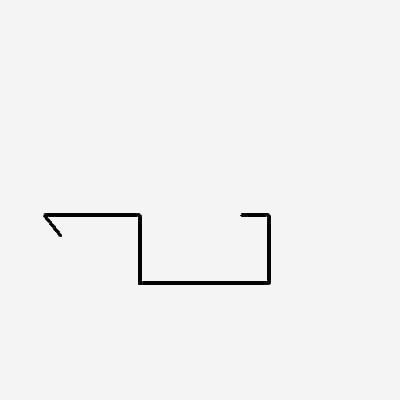 Black, geometric shape resembling a sideways "L" with an additional small segment extending from the top left.