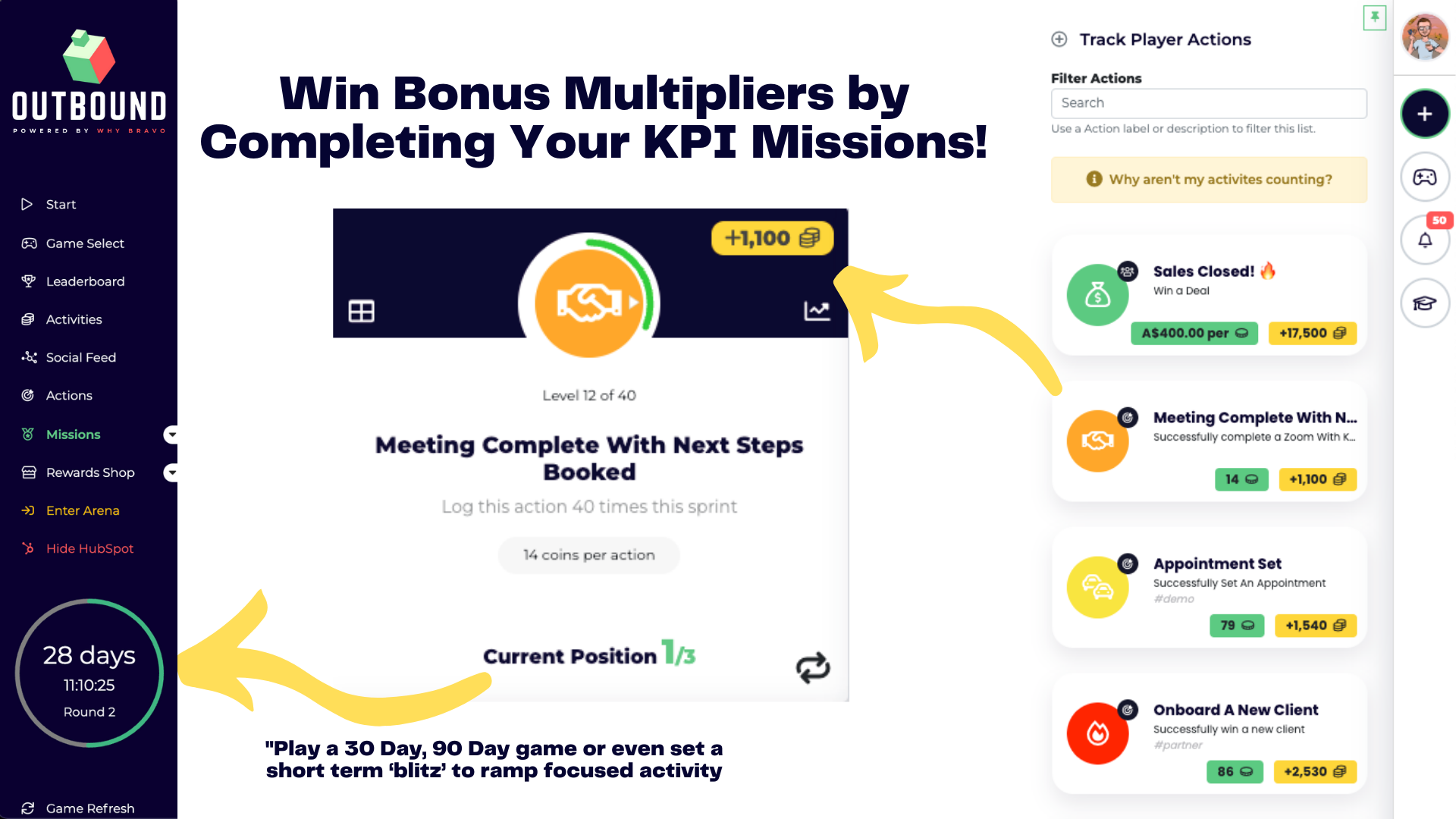 A screenshot of a website that says win bonus multipliers by completing your kpi missions.