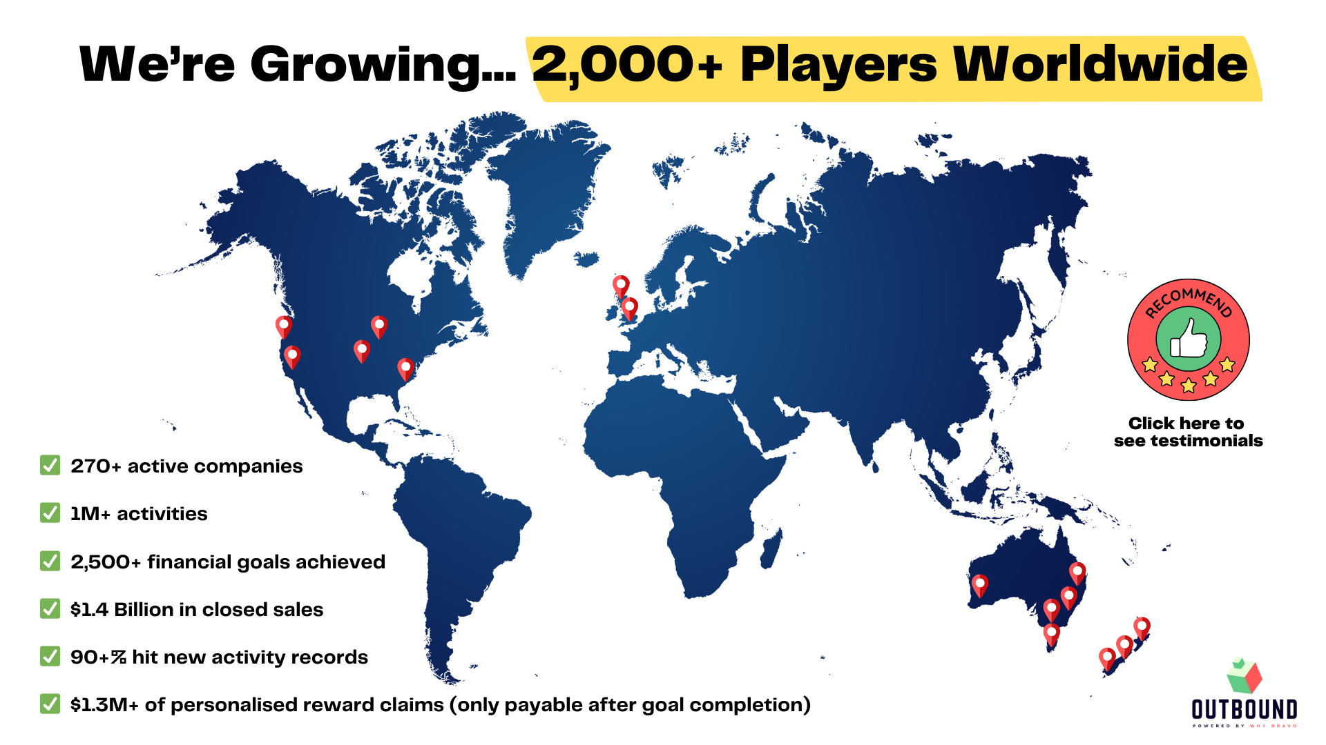 A map of the world that says we 're growing 2,000+ players worldwide