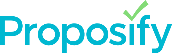 A blue and green logo for proposify with a green check mark.