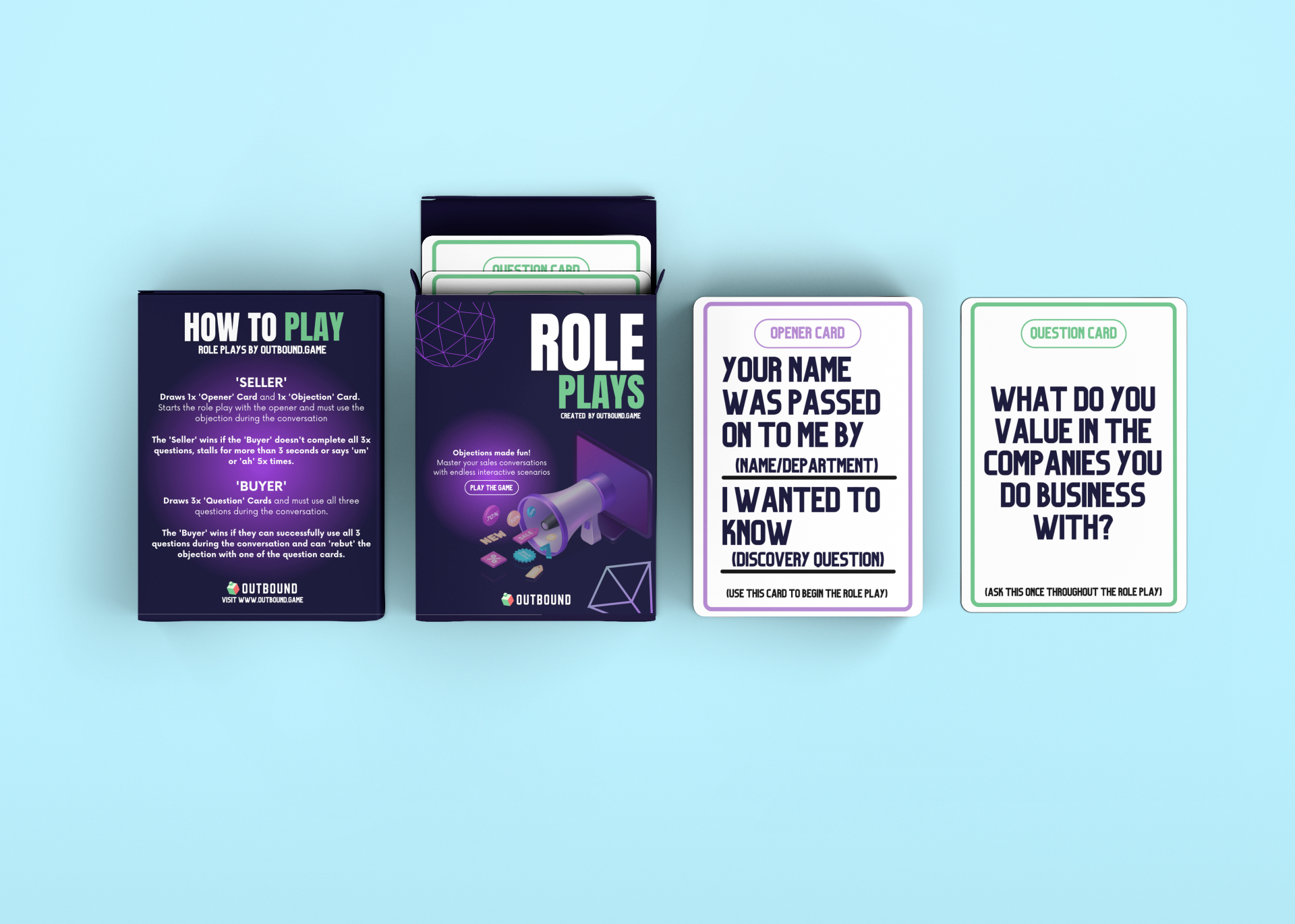 Outbound game. Role Plays Sales game. A set of role play cards on a blue surface.
