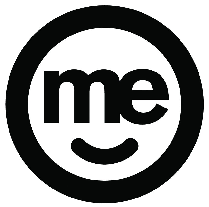 A black and white logo with the word me and a smiling face in a circle.