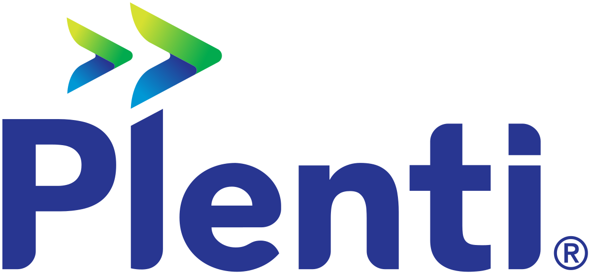 A logo for a company called plenti with two arrows pointing in opposite directions.