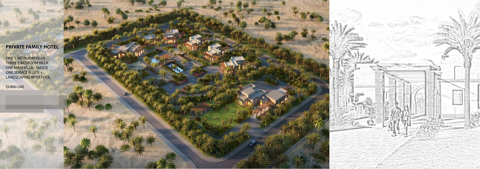 Aerial view of a resort surrounded by trees, a road on the side, and a detailed building sketch.