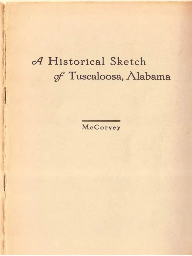 Book cover titled “A Historical Sketch of Tuscaloosa, Alabama” by McCurry on a beige background