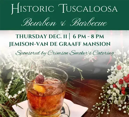 Historic Tuscaloosa Bourbon & Barbecue event poster with a whiskey cocktail and floral decor