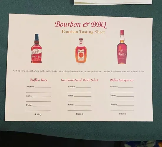 Bourbon and BBQ tasting sheet with three labeled bourbon glasses and rating lines on a white card