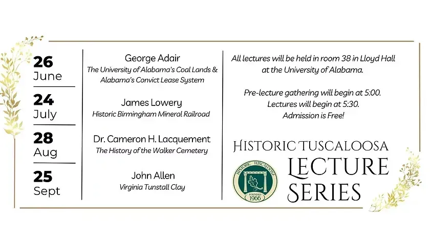 Tuscaloosa Lecture Series flyer with dates, speaker names, and historic auditorium branding