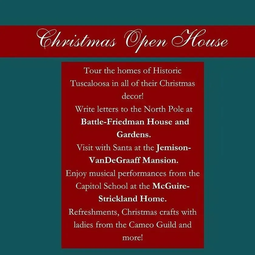 Christmas Open House event flyer with red and green holiday-themed text on a blue background