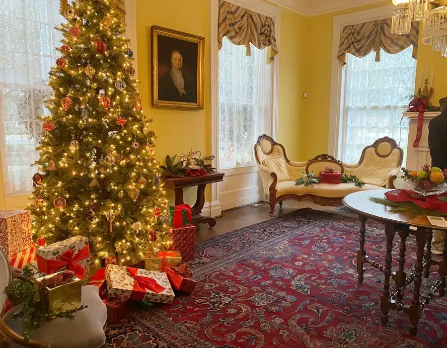 Festively decorated living room with a lit Christmas tree, wrapped gifts, and elegant furniture.